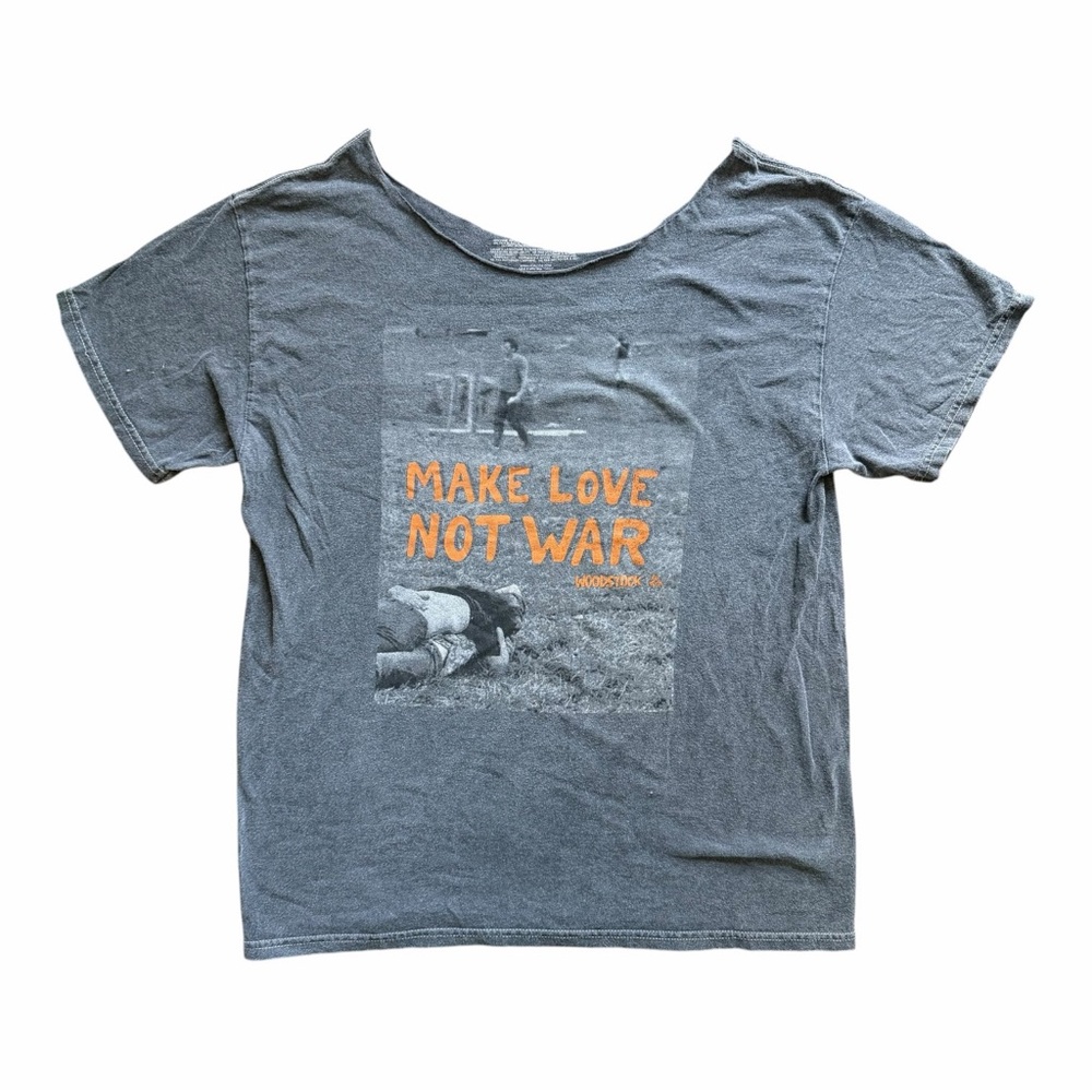 Woodstock Make Love Not War Graphic Tee Gray Hippie Boho Grunge